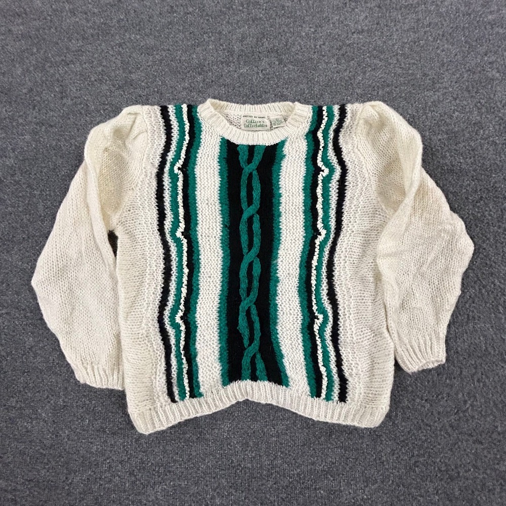 Colleen's Collectables Sweater Womens Large White Green Black Cable Knit Vintage